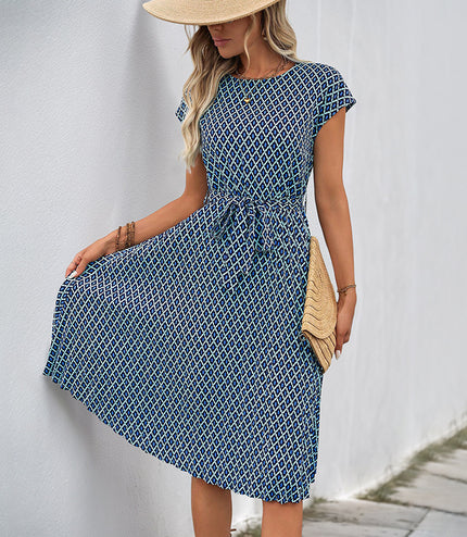 European And American Lace-up Flying Sleeves Printed Round Neck Dress