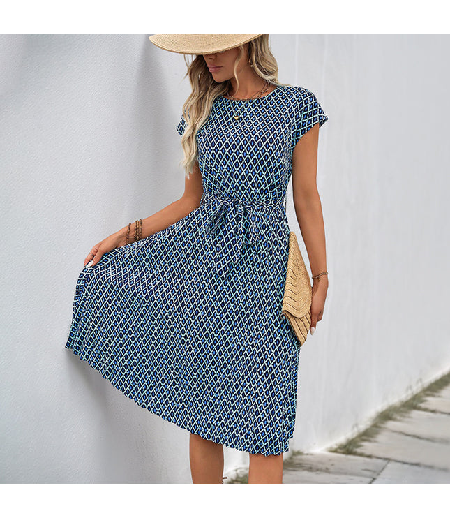 European And American Lace-up Flying Sleeves Printed Round Neck Dress