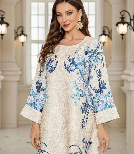 Elegant Floral Print Long Sleeve Abaya Dress