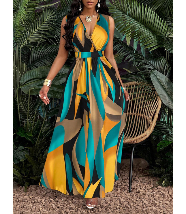 Print Deep V Neckline Cinched Waist Fit And Flare Dress Maxi Women Outfit