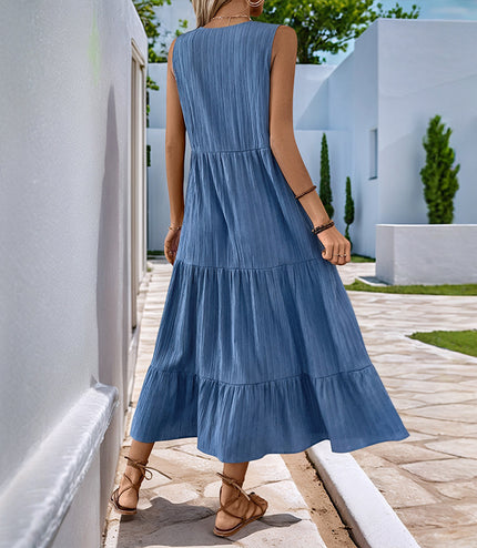 Pleated Solid Color Stand Collar Sleeveless Dress