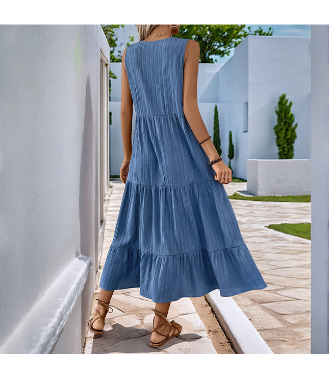 Pleated Solid Color Stand Collar Sleeveless Dress