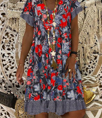 V-neck Printed Short Sleeve Mid-length Dress Plus Size Floral