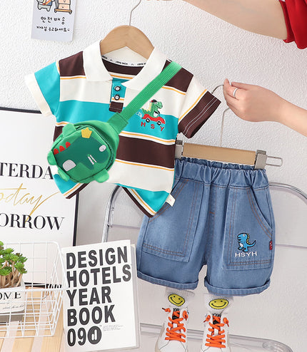 Boys' Polo Collar Stripes Short-sleeved Shorts Suit