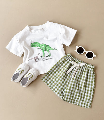 Boys' Dinosaur Printed Casual Cartoon Cotton Short Sleeve Pants Two-piece Set