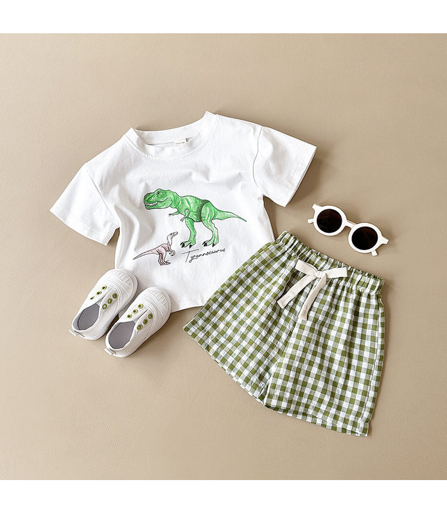 Boys' Dinosaur Printed Casual Cartoon Cotton Short Sleeve Pants Two-piece Set