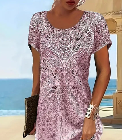 Trendy Design Print Colorful Round Neck Dress Women