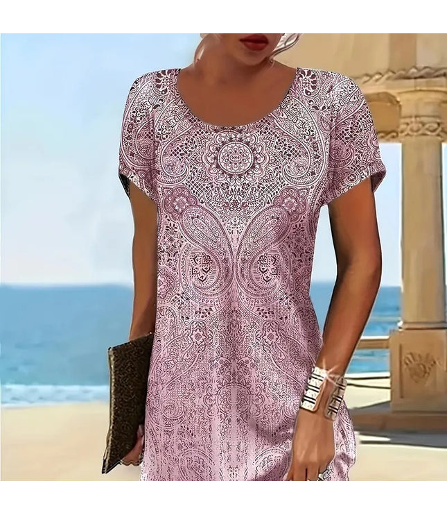 Trendy Design Print Colorful Round Neck Dress Women