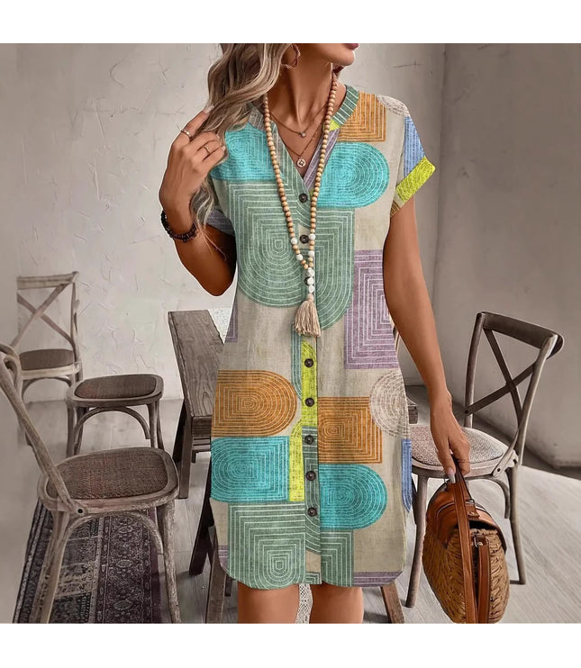 Printed Woven Elegant V-neck Button Dress