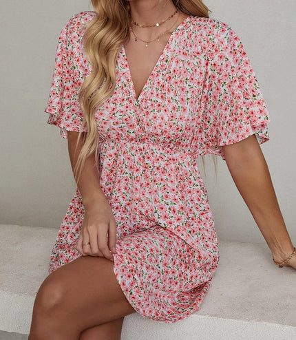 Women's Clothing Dress Printed V-neck Short Sleeve Casual