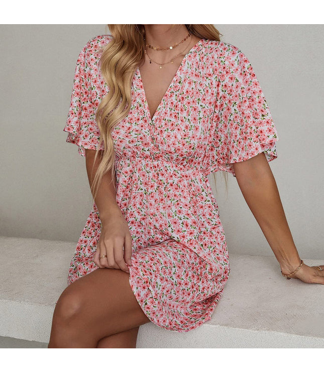 Women's Clothing Dress Printed V-neck Short Sleeve Casual