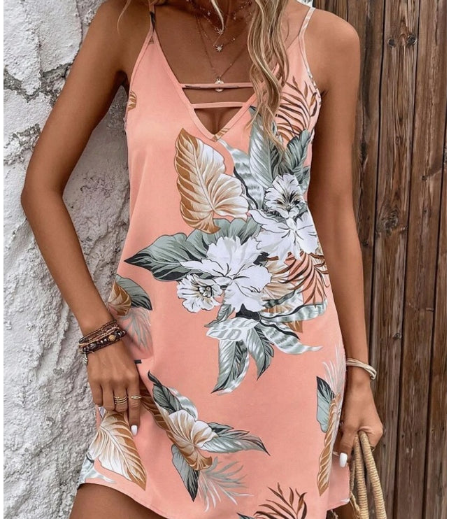ROSE Tropical Print Cut Out Front Cami Dress