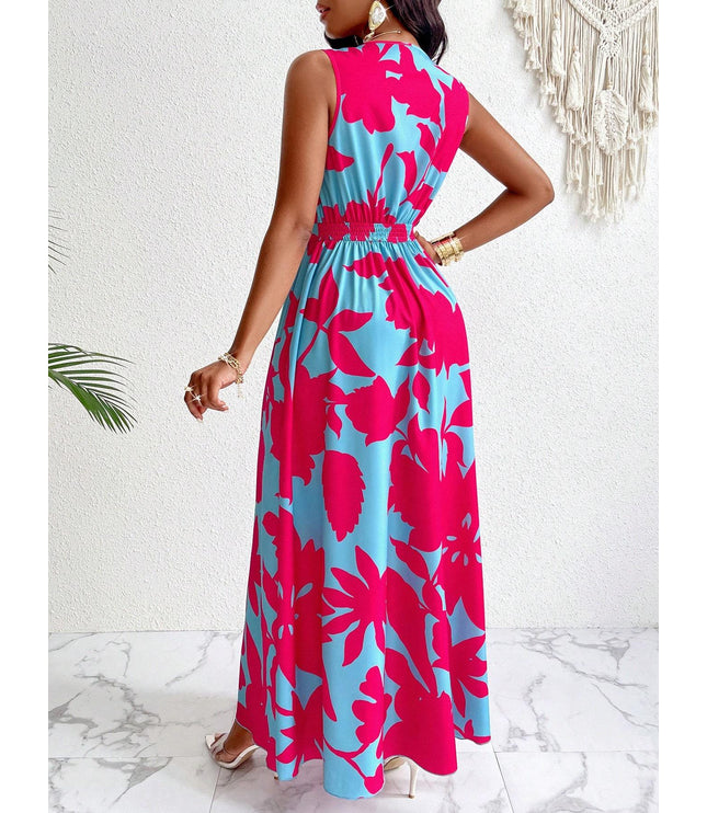 Print Deep V Neckline Cinched Waist Fit And Flare Dress Maxi Women Outfit