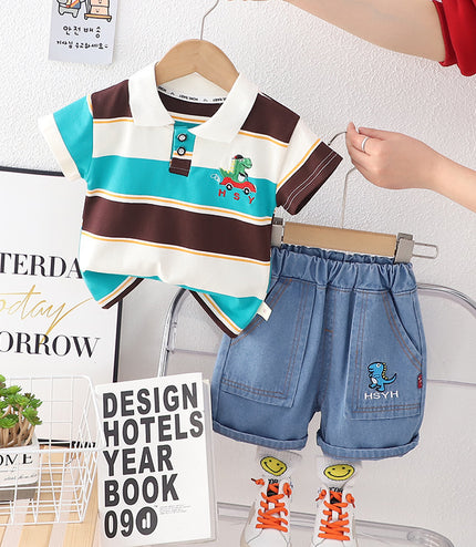 Boys' Polo Collar Stripes Short-sleeved Shorts Suit