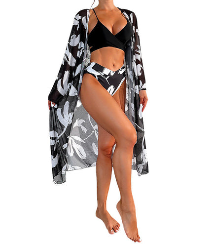 New Bikini Three-piece Women's Swimsuit Black And White Printed Swimming