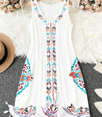 Plus Size Summer Casual Geometric Print V-Neck Fringed Hem Sleeveless Dress