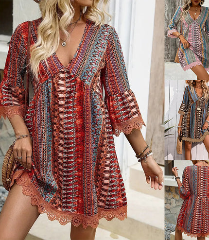 Bohemian Style V-neck Printed Dress Fashion Casual Loose Beach Dresses For Women
