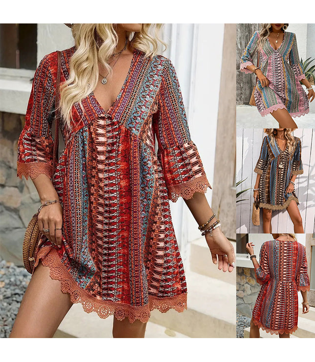 Bohemian Style V-neck Printed Dress Fashion Casual Loose Beach Dresses For Women