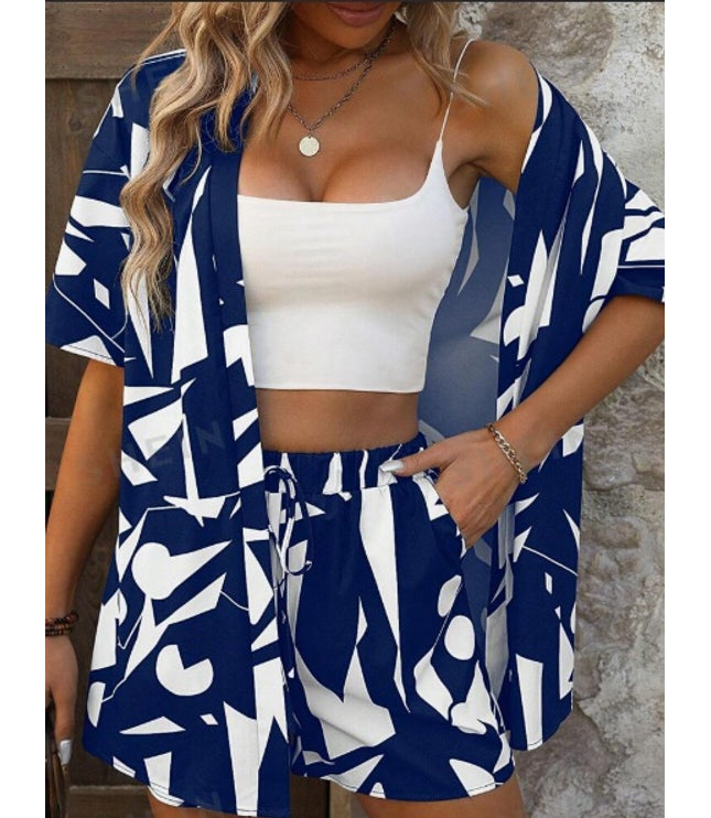 EMERY ROSE Color Blocking Geometric Printed Button Up Short Sleeve Top And Shorts Set For Summer Casual Vacation