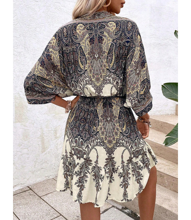 Paisley Print Batwing Sleeve Tassel Tie Front Ruffle Hem Dress