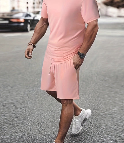 Men's Outfit, Solid Casual Crew Neck Short Sleeve T-Shirt & Drawstring Shorts 2-piece Set For Summer Outdoor Activities