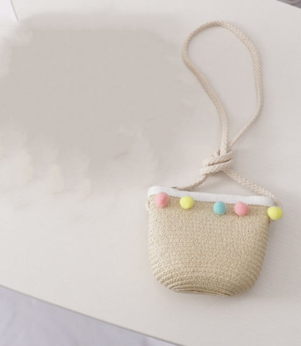 Small Ball Solid Color Children Straw Hat Bag Set
