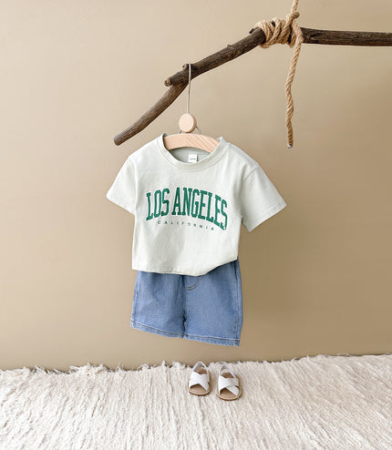 Summer Baby Letter Print Short-sleeve Top Denim Shorts Suit