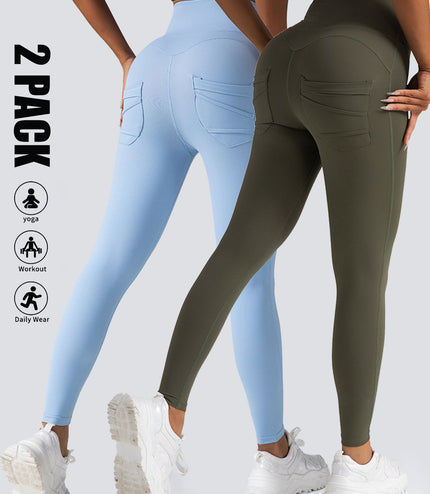 2 Pack High Waist Yoga Pants With Pockets, Tummy Control Workout Running Yoga Leggings For Women