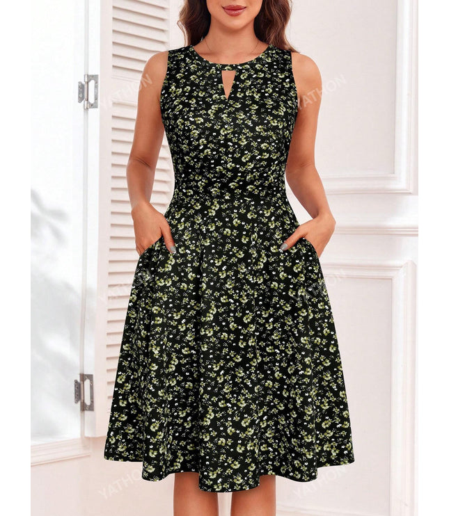 Ditsy Floral Print Keyhole Neckline Dress