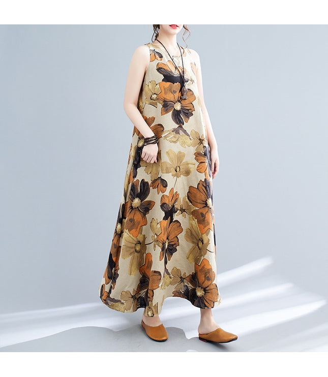 New Simple Fashion Bohemian Maxi Dress Sleeveless Round Neck Printed Dress Women