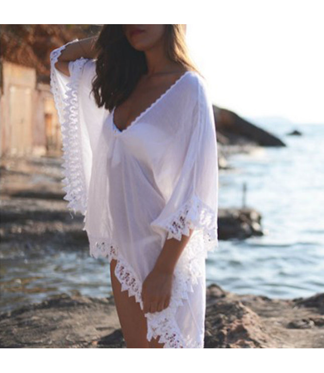 Fashion Solid Color Beach Bikini Lace White Blouse