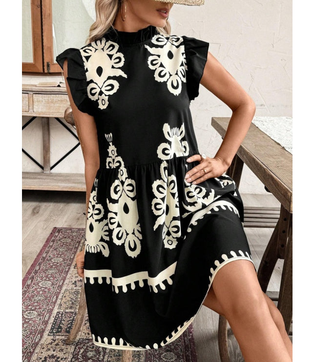 Holidaya Printed Ruffle Collar Flare Sleeve Loose Cake Dress