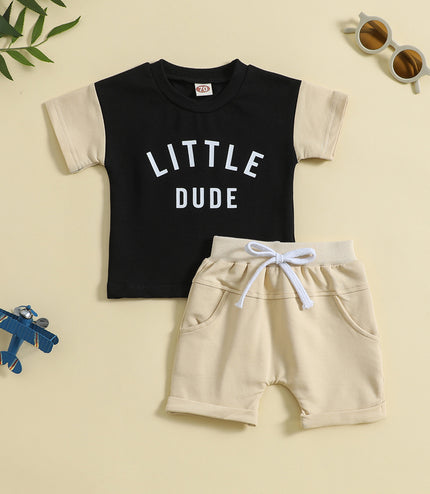 Children's Round Neck Letter Print Top Solid Color Shorts Two-piece Set