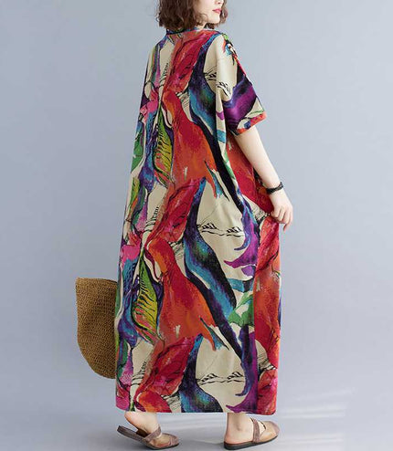 Cotton And Linen Printed Loose Plus Size Simple Vacation Style Long Dress For Women