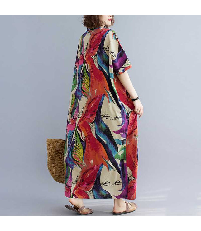 Cotton And Linen Printed Loose Plus Size Simple Vacation Style Long Dress For Women