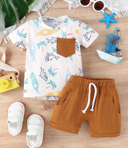 Summer Children's Turtle Shark Print Short Sleeve Suit