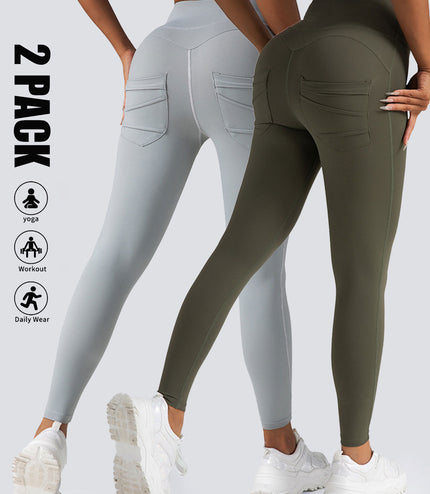 2 Pack High Waist Yoga Pants With Pockets, Tummy Control Workout Running Yoga Leggings For Women
