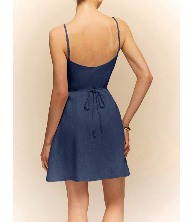 Linen Dress Halter Front Center Button Decoration Comfortable