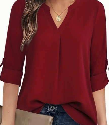 Chic Solid V-Neck Blouse - Fashionable Simplicity For Women - Relaxed Casual Long Sleeve Style