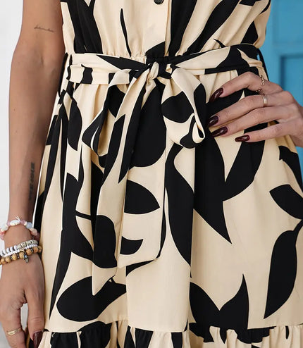 Elegant Sleeveless Printed Shirt Dress Ruffled Hem