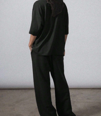 2pcs Women Solid Color Crew Neck Short Sleeve Top And Long Pants Casual Outfit