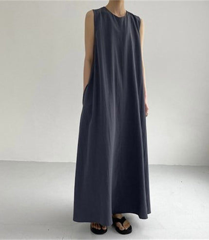 Chic Style Loose Sleeveless Pumpkin Color Long Cotton And Linen Dress