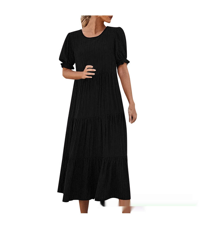 Printed Solid Color Round Neck Short Sleeves Casual Pleated Swing Dress Women