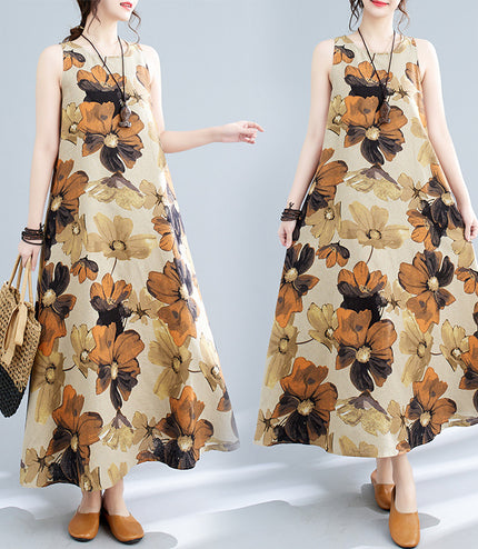 New Simple Fashion Bohemian Maxi Dress Sleeveless Round Neck Printed Dress Women