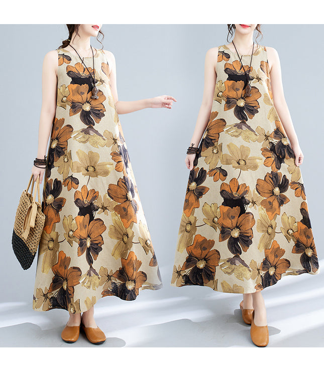 New Simple Fashion Bohemian Maxi Dress Sleeveless Round Neck Printed Dress Women
