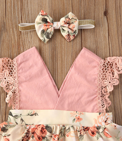 Girl Princess Clothes Baby Romper Girls Floral Lace V Neck Sleeveless  Jumpsuit Newborn Headband Kid Outfits Summer Clothing
