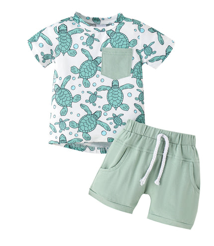 Summer Children's Turtle Shark Print Short Sleeve Suit