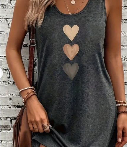 Heart Print Crew Neck Tank Dress, Casual Sleeveless Dress For Spring & Summer, Women's Clothing