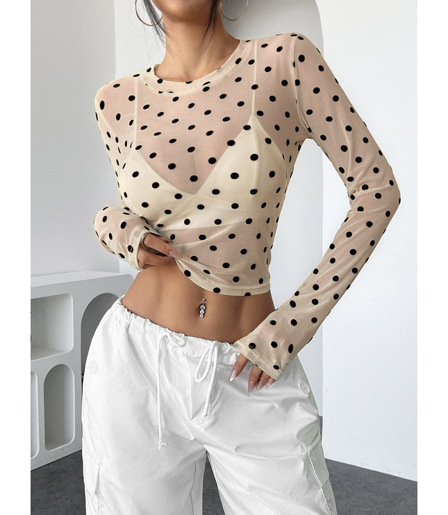 Design Sense See-through Dot Slim Mesh Round Neck Long Sleeve T-shirt
