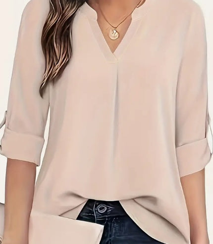 Chic Solid V-Neck Blouse - Fashionable Simplicity For Women - Relaxed Casual Long Sleeve Style